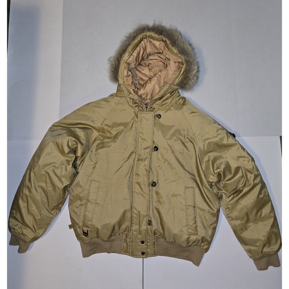 Y2K Vintage Hip Hop 2000s Gold Baby Phat Puffer Coat Fur Hood Womens XL